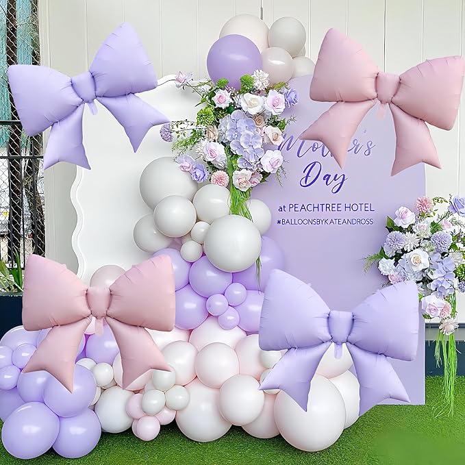 4 Pcs Giant Purple Bow Balloons 38 Inch/Lavender coquette Birthday Supplies/Tayl Singer Idol Demon Hunters Concert Balloon/Purple Bachelorette Bridal Engagement Wedding Anniversary Decor for Women
