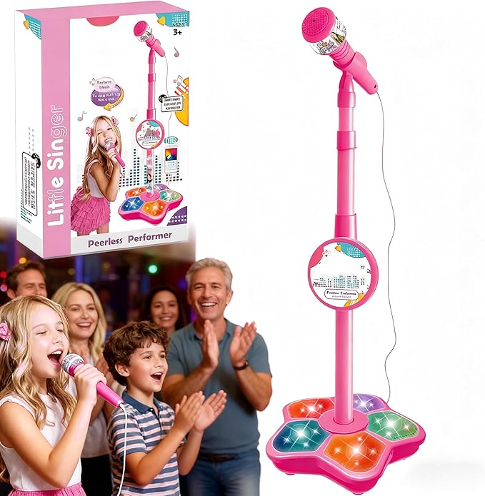 Kids Microphone with Stand, Microphone for Kids, All-in-One Microphones Toy with Flashing Stage Light Base, Got Built-in Music, Colorful Lights, Echo Effects, Portable Karaoke Machine (Pink)