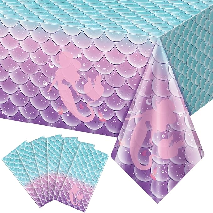 Jectivs 6Pcs Mermaid Birthday Party Tablecloth Decorations,Disposable Plastic Table Cover for Princess Under The Sea Baby Shower Themed Kids Birthday Party Supplies,108x54 Inch