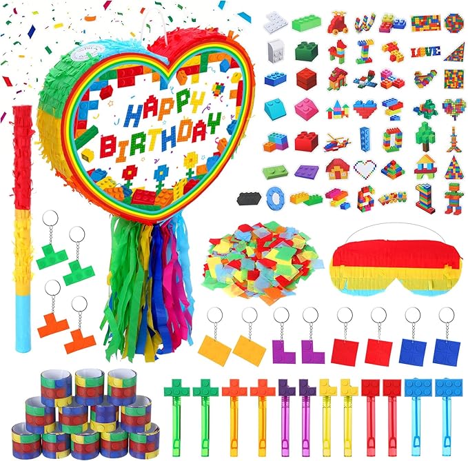 Birthday Building Block Piñata Set Heart Pull String Piñata Party Kit with Blindfold Hitting Stick Confetti Keychains Bubble Bottles Slap Bracelets Stickers for Carnival Party Favors