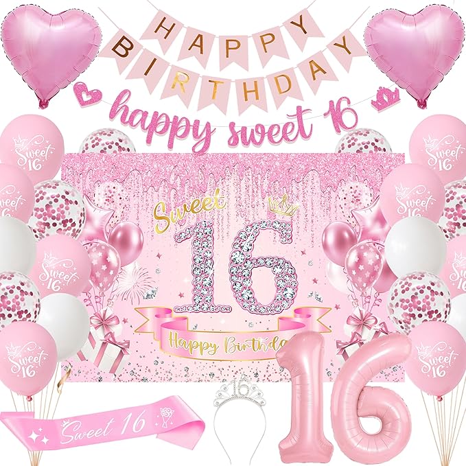 Sweet 16 Birthday Party Decorations for Girls - Pink 16th Happy Birthday Banner Heart Balloons Number 16, Photo Backdrop Crown Sash Party Supplies for Sixteen Years Old