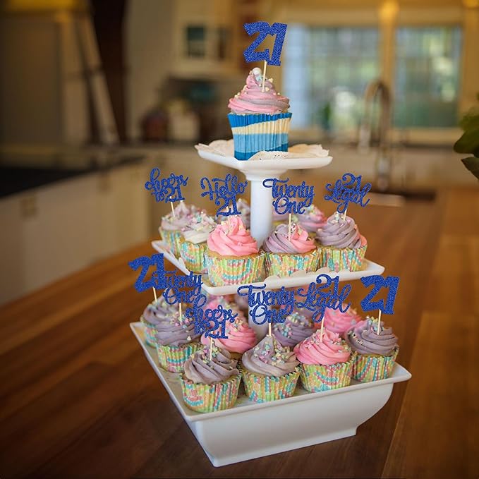 30Pcs 21st Birthday Cupcake Toppers Twenty One Legal Cupcake Picks Cheers to 21 Years Old Cake Decorations for 21st Birthday Anniversary Party Supplies Deep Blue Glitter