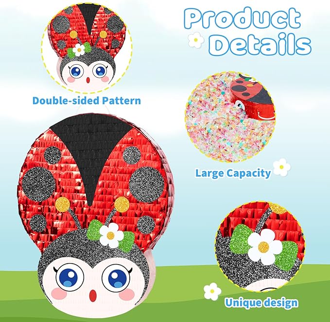 WERNNSAI Ladybug Piñata – Red Ladybug Party Piñata for Kids Birthday Games Garden Theme Parties Insect Theme Classroom Activities baby shower supplies with Blindfold and Stick