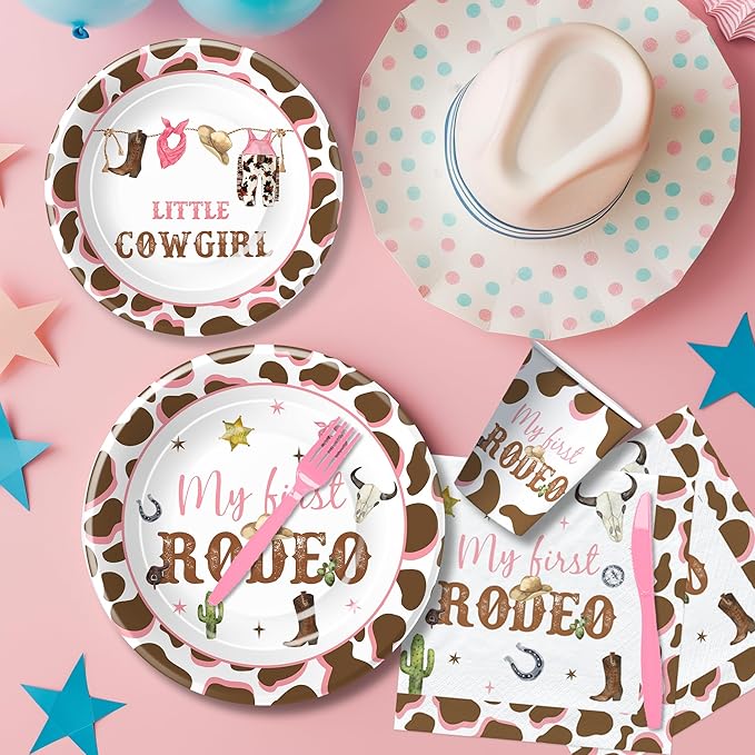Western Cowgirl 1st Birthday Decorations Tableware, Wild West My First Rodeo Birthday Party Supplies Girl, Paper Plate, Cup, Napkin, Disposable Fork, Serves 24