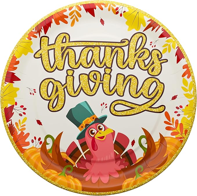 Blue Orchards Thanksgiving Party Plates and Napkin (52 pieces for 16 guests) - Thanksgiving Party Supplies, Thanksgiving Party Decorations, Fall Theme Party, Turkey Party Plates and Napkins
