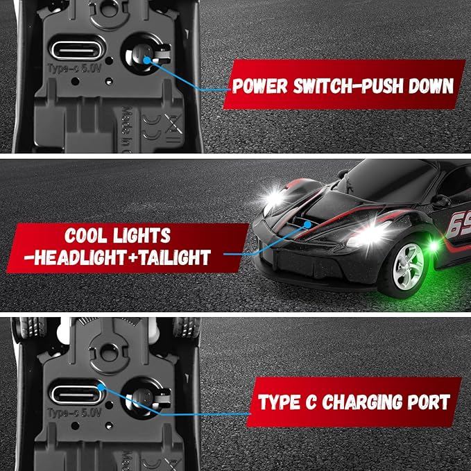 SASBSC 1/64 Mini Rc Car Toys for Boys Age 4-7 8-12, 2.4GHz Small App & Remote Control Cars with 3 Speed Modes for Kids Adults Rechargeable Desktop Toy Race Sports Car Gifts for Birthday (Black)