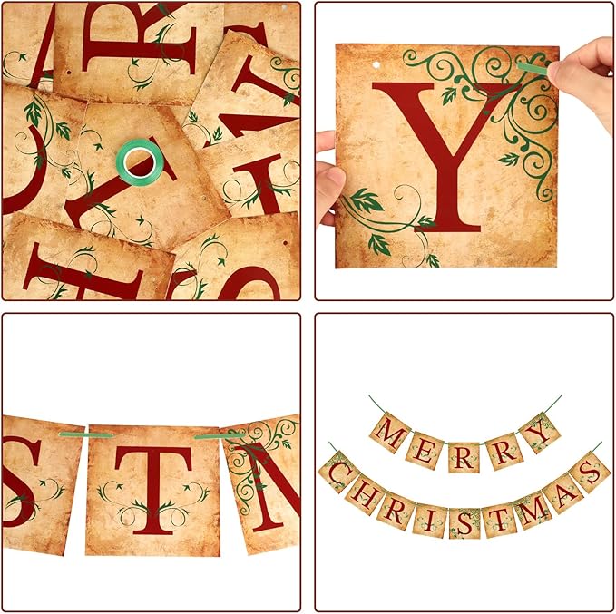 Merry Christmas Banner Vintage Christmas Garlands Decorations for Indoor Home Office Wall Window Door Fireplace Mantle Xmas Tree Decorations