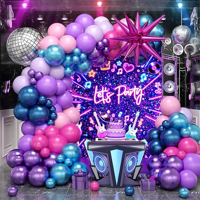 Purple Blue Pink Balloon Arch Kit, Light Pink Hot Pink Metallic Blue Purple Balloons Garland with Star Disco Ball Foil Balloons, Boy Girls Music Fans Singer Theme Birthday Prom Party Supplies