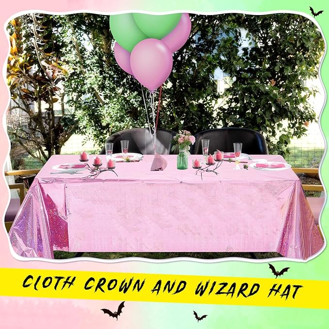 4 Pcs Witch Holographic Tablecloth for Birthday Party Pink and Green 54" x 108"Witch and Princess Theme Movie Decoration Shimmer Iridescent Metallic Plastic Glitter Laser Rectangular Table Cover