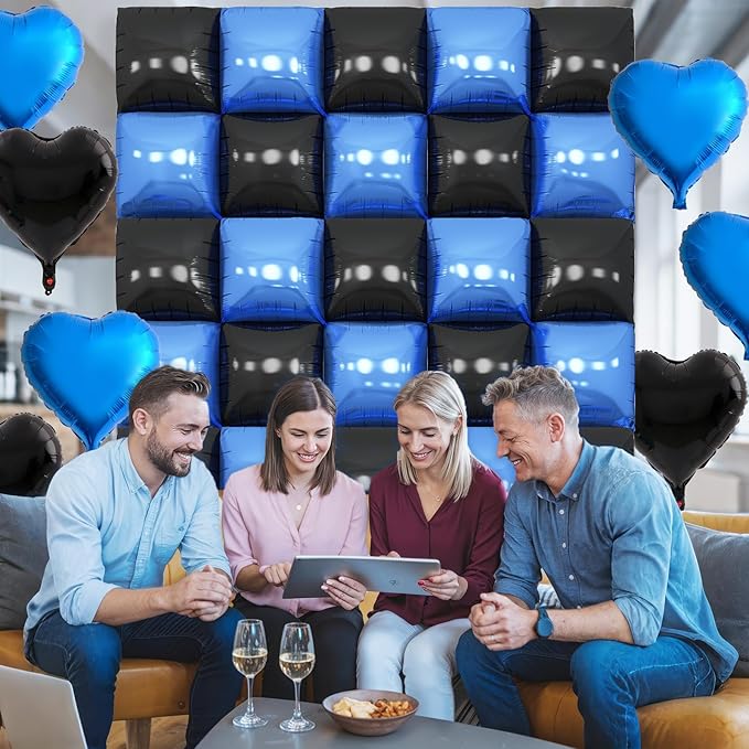 Black Blue Square Foil Balloon Wall,25Pcs Double Sided Foil Balloons Backdrop Helium Polyester Tunnel Arch Garland Kit for Birthday Bridal Anniversary Baby Shower Party Decorations