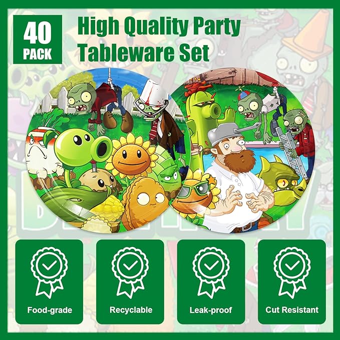 40Pack Plants Zombies Birthday Party Supplies include 20 plates, 20 napkins for Zombies Party Decoration Invitation Cards