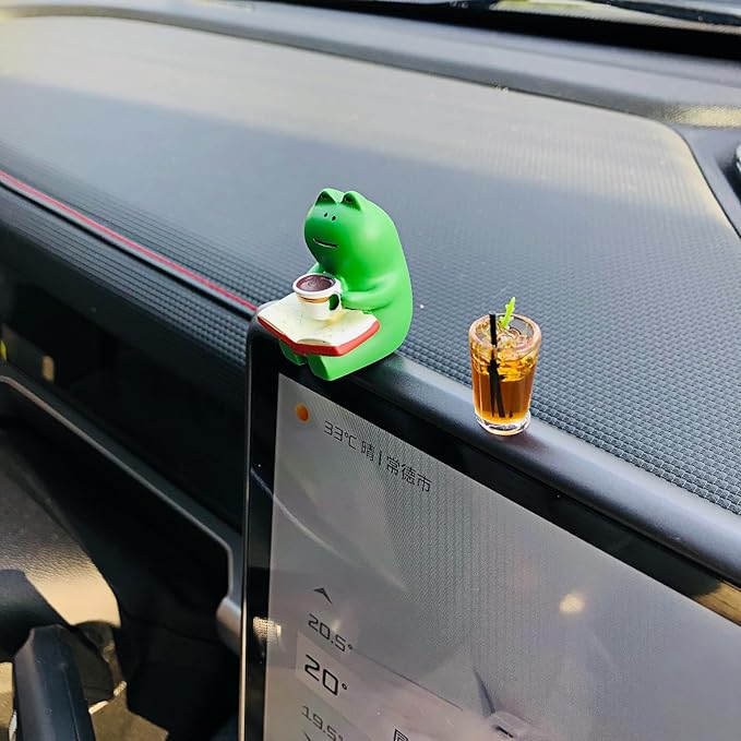 Cute Frogs Statues Car Dashboard Decorations Accessories Interior for Women Men, Funny Mini Coffee Collectible Figurines for Car Display Decor Rearview Mirrors Decoration Computer Monitor Ornaments