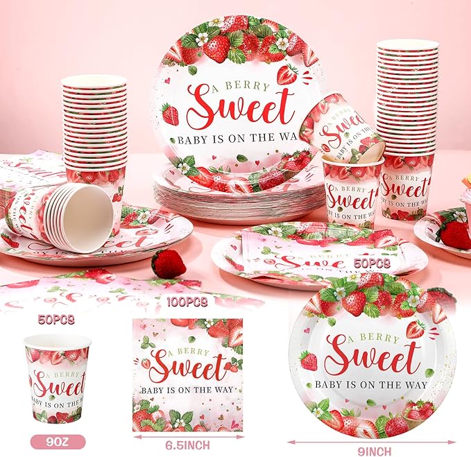 Hushee 200 Pcs Strawberry Baby Shower Paper Plates Napkins Cups Baby Shower Party Supplies Tableware Set a Berry Sweet Baby Is on the Way Disposable Plates for 50 Guest Girls Spring Summer Party
