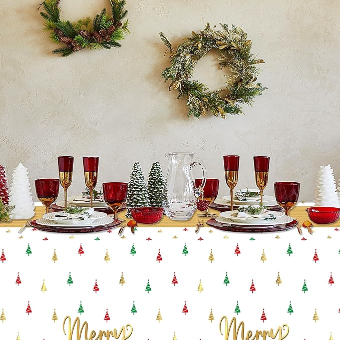 Christmas Winter Waterproof Tablecloths - 3 Packs Gold White Mini Christmas Tree Tablecloths Colorful Waterproof Table Cover Merry Bright Disposable Plastic Tablecloth Xmas Party Table Decor