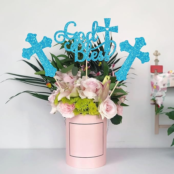 Gyufise 12Pcs God Bless and Cross Centerpiece Sticks Double Sided Cross God Bless Table Flower Centerpieces Sticks First Communion Baptism Decorations for God Bless Theme Party Supplies Blue