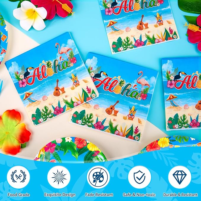 96Pcs Luau Aloha Party Decorations, Hawaiian Birthday Party Supplies Bundle Luau Plates and Napkins, Summer Tropical Birthday Party Decorations Serves 24