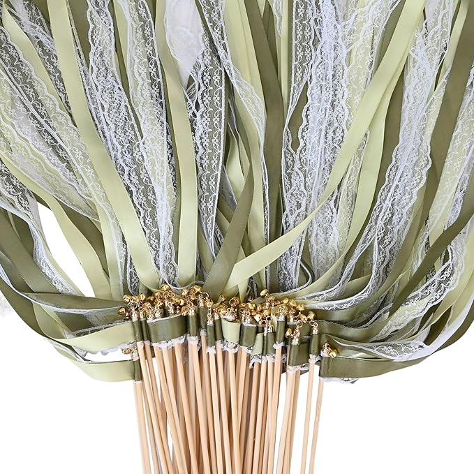 50Pcs Ribbon Sticks Wands Streamers with Bells Silk Fairy Lace Stick Party Ribbon Streamers for Wedding Party, Birthday and Holiday Activities-Green