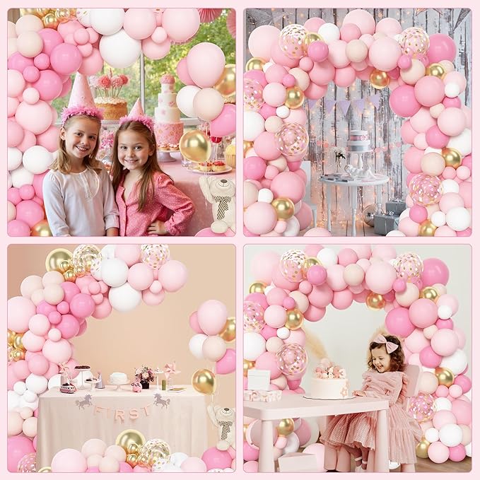 Amandir 144Pcs Pink Balloons Garland Arch Kit Light Pink Gold White Confetti Latex Metallic Balloons for Valentines Day Girl Birthday Baby Shower Wedding Graduation Party Decorations Supplies
