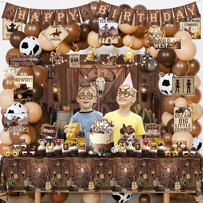 Western Party Decorations, 126 Pcs Wild West Cowboy Rodeo Bday Party Decor Supplies for Boys - Backdrop, Banner, Tablecloths, Centerpieces, Paper Glasses, Hat, Stickers, Wall Signs