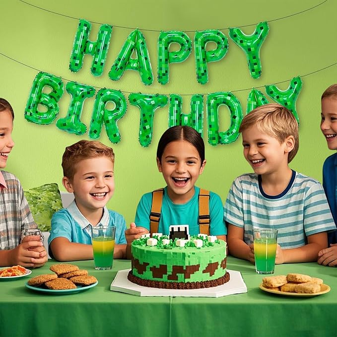 TNT Pixel Happy Birthday Banner Party Decorations Foil Balloons Letters Signs Blast Gaming Party Miner Supplies for Boy Girl