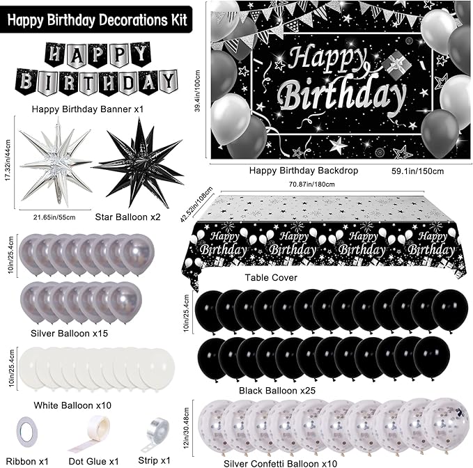 Silver and Black Birthday Decorations for Men Women Boys Girls 80 PCS White Black and Silver Party Decorations Happy Birthday Backdrop Banner Confetti Star White Balloon Arch Tablecloth Party Supplies