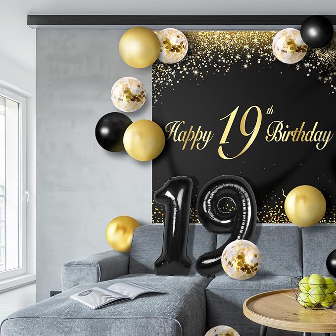 Happy 19th Birthday Balloons Black Set Decor - Cheers to 19 Years Old Party Theme Garland Banner Backdrop Decorations For Women and Men Supplies