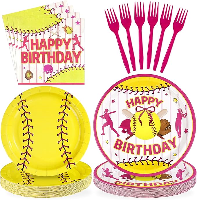 96Pcs Softball Birthday Party Supplies Sport Themed Plates and Napkins Pink Yellow Softball Disposable Paper Tableware Set for Girls Kids Teens Birthday Holiday Party Supplies Serves 24