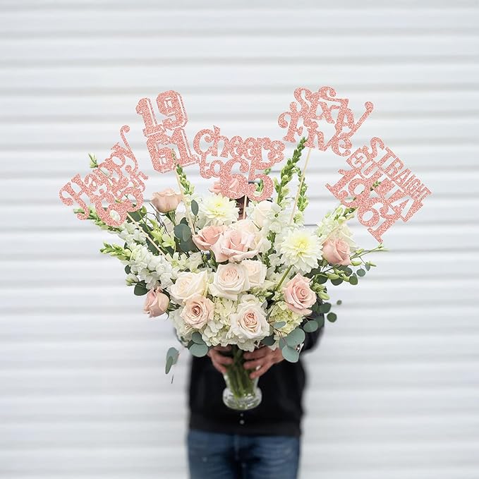 Gyufise 15Pcs Happy 65th Birthday Centerpiece Sticks Sixty Five Straight Outta 1961 Table Flower Centerpieces Sticks Cheers to 65 Decorations for 65th Birthday Party Supplies Rose Gold