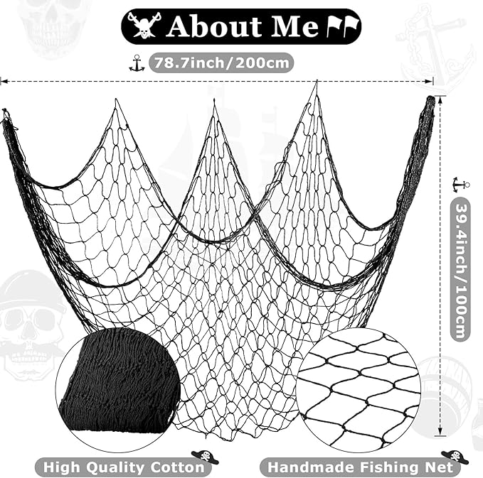 Shappy 2 Pcs Fish Net Decorative 80 x 40 Inch, Wall Hanging Fishnet for Mermaid, Pirate, Nautical, Under the Sea Party Decoration Ocean Themed Hawaii Beach Birthday Halloween Party Supplies(Black)