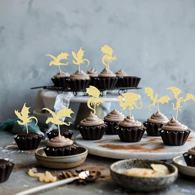 24Pcs Dragon Cupcake Toppers Glitter Fantasy Cool Dinosaur Birthday Cupcake Picks for Medieval Dragon Theme Baby Shower Kids Birthday Party Cake Decorations Supplies Gold