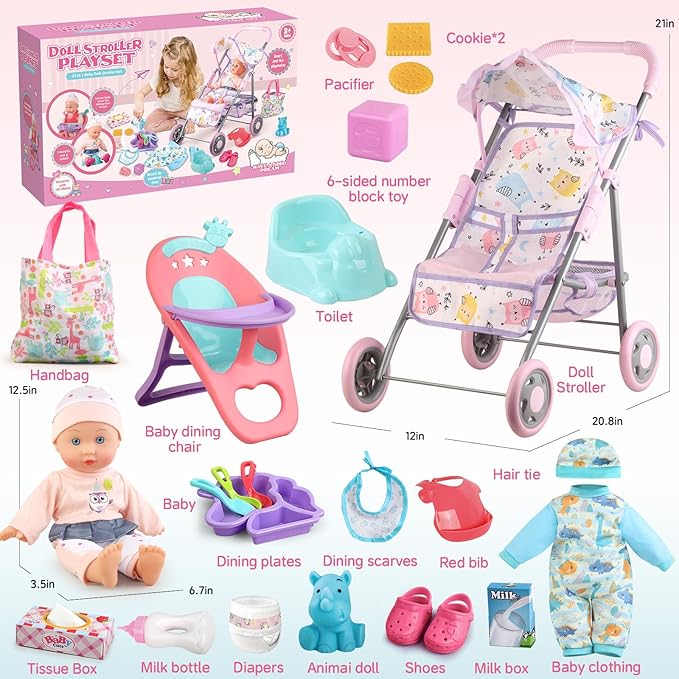 Baby Doll Stroller Play Set with 12.5" Baby Doll,Dining Chair, 2 Sets Clothes and 20 PCS Doll Accessories. Stroller Toy for 3, 4, 5, 6 Year Old Toddler Girls for Realistic Pretend Play.