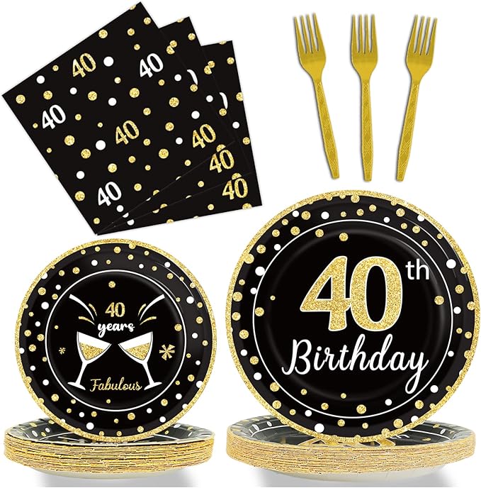 96 Pcs 40th Birthday Plates and Napkins Party Supplies Black Gold Happy Forty Theme Tableware Set 40th Birthday Decorations Favors for Men and Women Serves 24