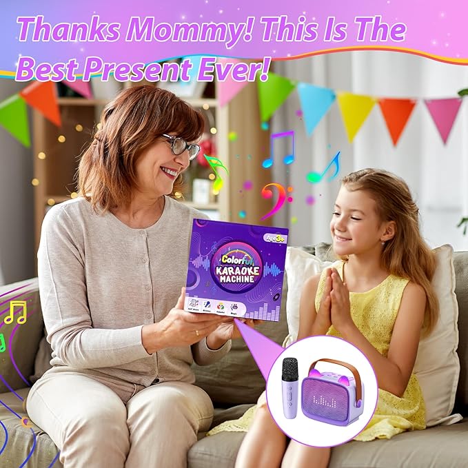 Mini Karaoke Machine for Kids Adults (2025 Upgraded), Portable Bluetooth Speaker with 2 Wireless Mics, Built-in Phone Holder and Emoji Animation, Birthday Gift for Boys Girls 3-12 Home Karaoke Party