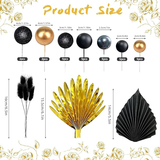 38 PCS Balls Cake Toppers Palm Leaves Cake Decorations for Birthday Wedding Baby Shower Party Supplies (Black)