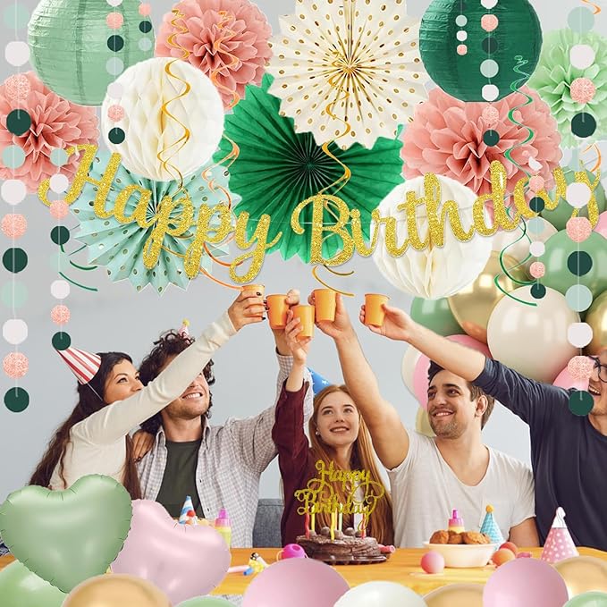 Sage Green Pink Birthday Decorations - 62pcs Happy Birthday Banner, Olive Retro Beige Paper Lanterns Pom Poms, Green Pink Balloons , Neutral Streamers Garland, Birthday Decorations for Women Girl Boys