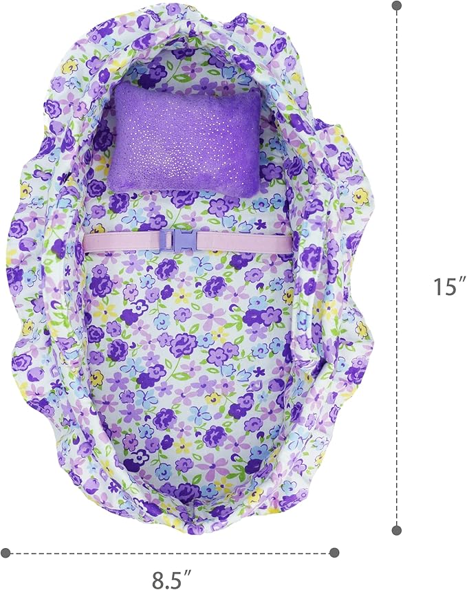 June Garden Cozy Dream Doll Bassinet - Baby Doll Portable Carrier - Fits for American Girl Dolls up to 14" - Soft Pillow & Safety Buckle Included - Purple