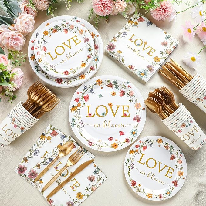 24 Set Love Is in Bloom Wildflower Bridal Shower Decorations Tableware Set Floral 9" 7" Paper Plates Cups Napkins Party Supplies Elegant Dinnerware for Bridal Shower Wedding Birthday Party