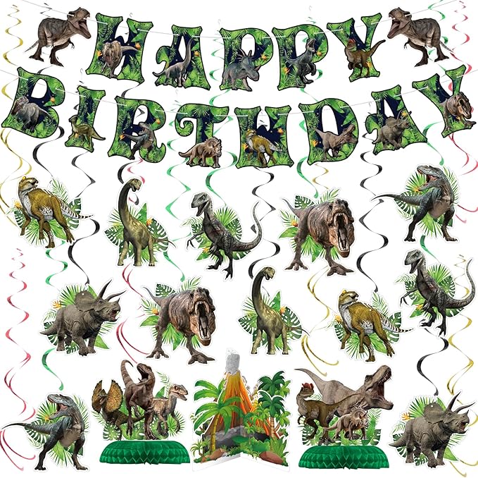 Dinosaur Birthday Party Decorations Set - Includes Pre-assembled Happy Birthday Banner, Dinosaur Hanging Swirl, Honeycomb Centerpiece for Table, Party Supplies for Home, School