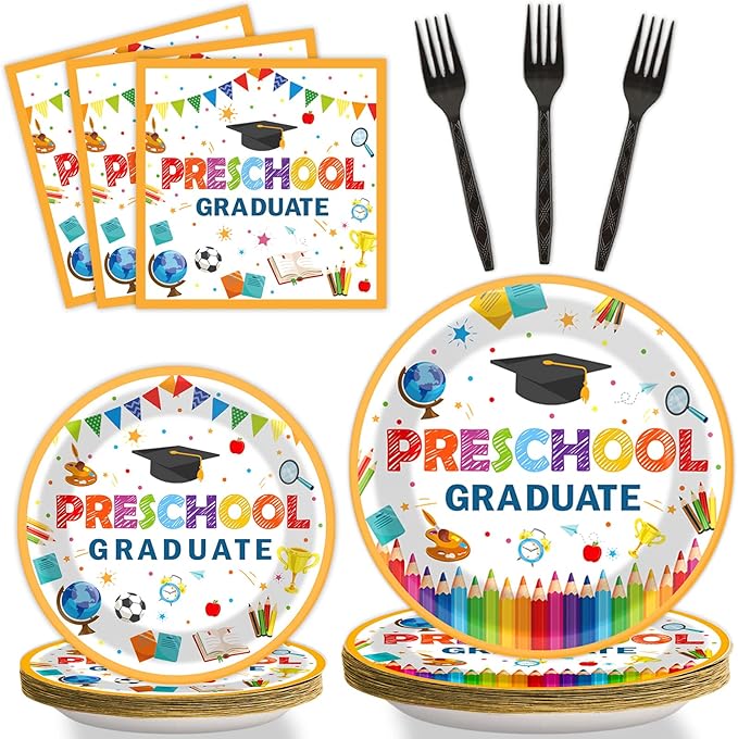 Preschool Graduation Party Supplies Pre-K Grad Tableware Set Kindergarten Graduation Plate Napkin Kindergarten Disposable Paper Dinnerware Kit for Graduate Party decoration Favor 24 Guest (White)