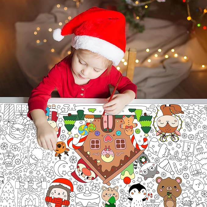 Dvbonike Jumbo Christmas Coloring Poster with Gingerbread House Santa Giant Xmas Color-in Paper Poster DIY Blank Doodle Art Banner 55.1 x 23.6 inch Decor, Home School Activity Party Supplies for Kids