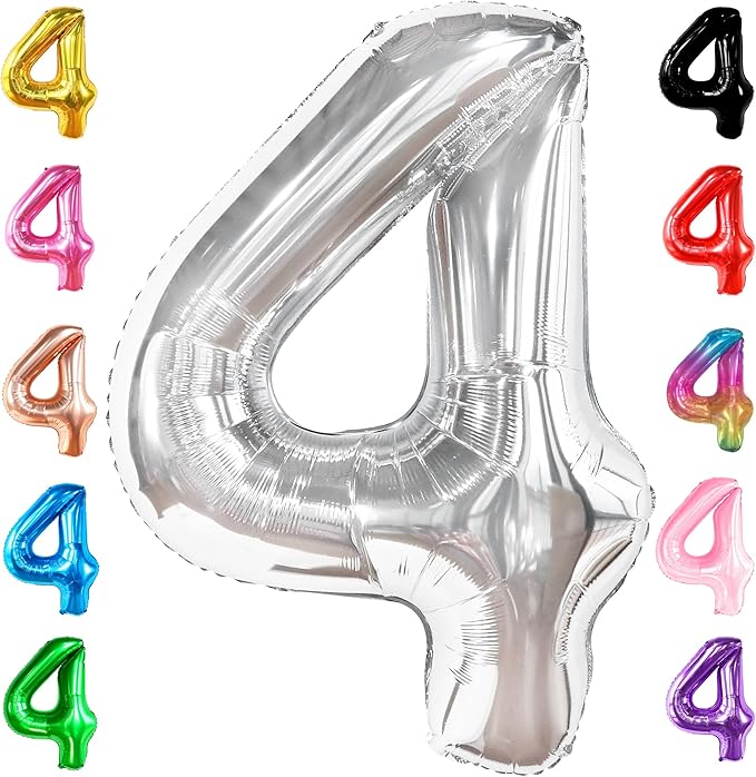 KatchOn, Big Silver Number 4 Balloons - 40 Inch | Silver 4 Balloon Number, 4 Year Old Birthday Decorations | Silver Number Balloons | 4 Number Balloons