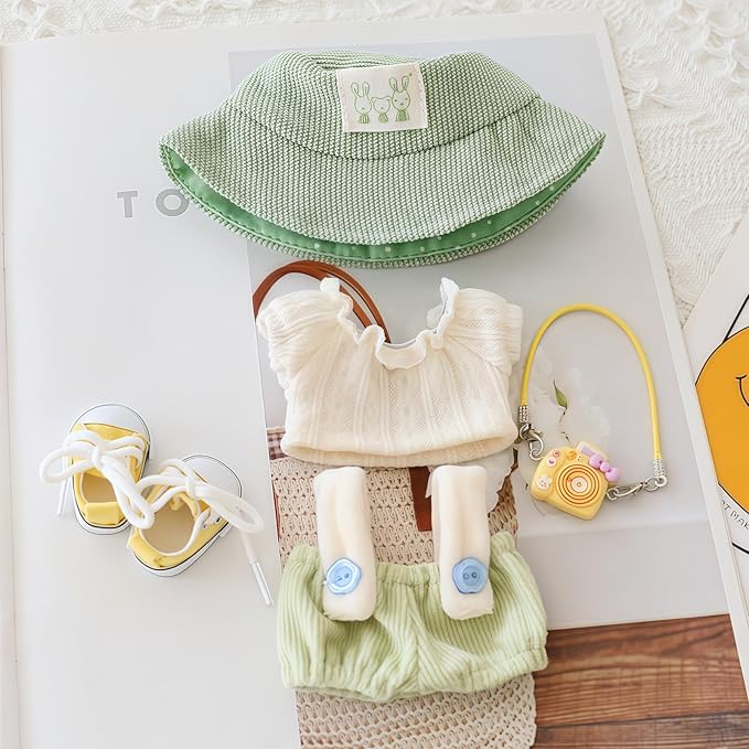 Clothes for Lu bubu 17cm Dolls Accessories(No Doll), Cute Outfit Set 5 Pieces Bib Pants for 17cm Doll Suit, Stylish Dress Up Overalls Doll Clothing Set Replacement with Hat Clothes Shoes Green