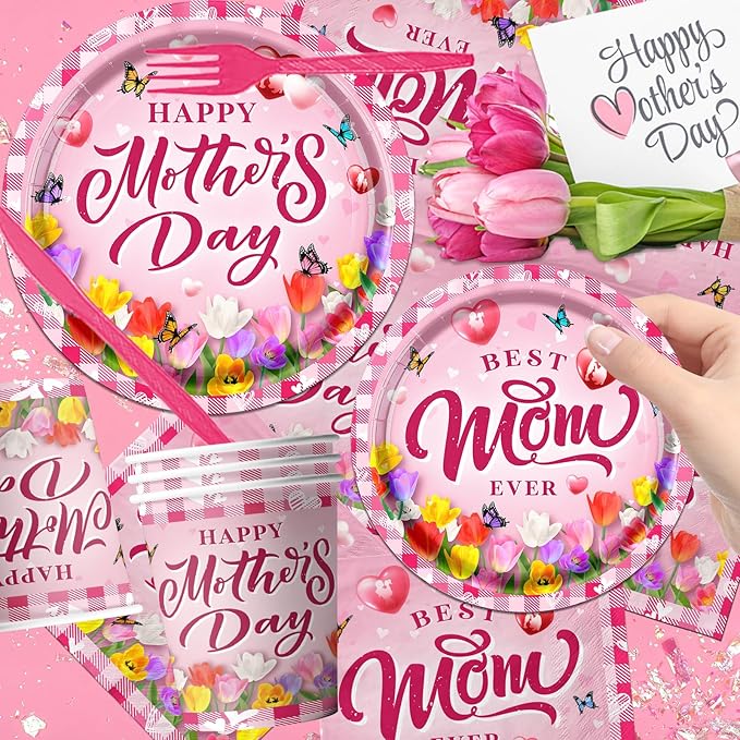 GREHUMOR 142Pcs Happy Mother's Day Party Supplies Pink Mother's Day Tableware Floral Flowers Tulip Disposable Paper Plates,Tablecloth,Napkins,Cups,Forks and Knives for Best Mom Ever Party Decorations