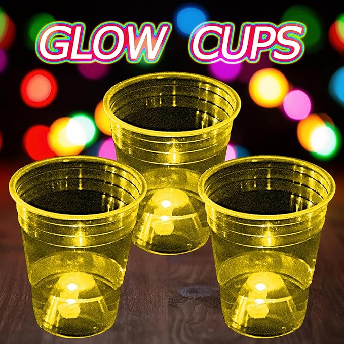Glow in The Dark Yellow Party Cups 40 Pack (16 oz) - LED Light Up Plastic Cups for Summer BBQs Lemon Themes Birthdays, Neon Bright Drinking Cups for Sports Events Camping & Festival Decorations