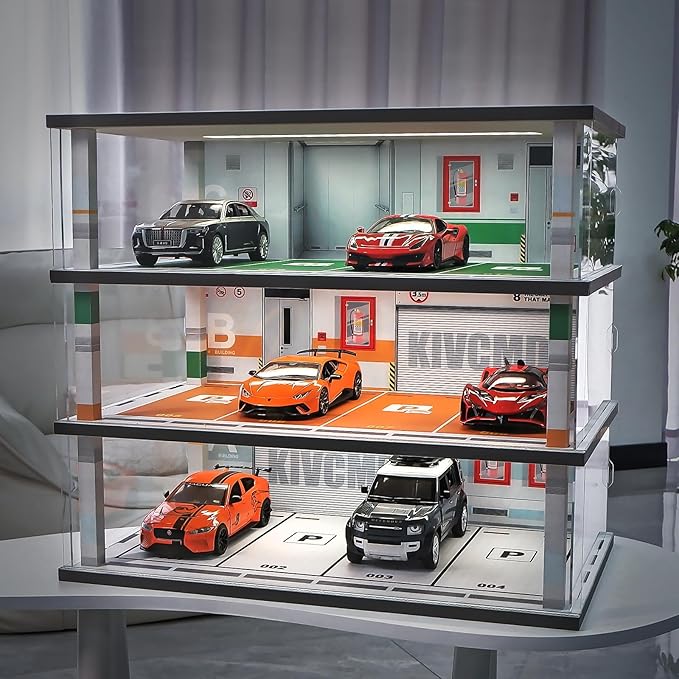 Model Car Display Case 1:24 Scale Diecast Diorama Garage with Lights for Lego Alloy Car Collectibles Wood Storage Shelf,3 Tiers of 12 Parking Spaces