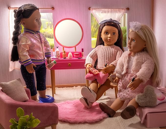 Our Generation - Pink Vanity Table and Chair Set - Makeup & Mirror - 18" Doll Accessories - Imaginative Play - Toys for Kids 3 and Up - Fabulous Play Set of