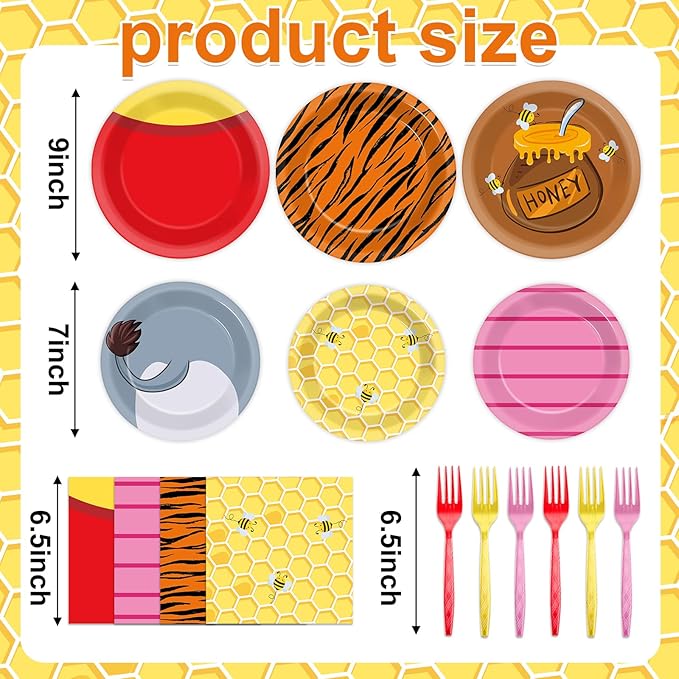 96PCS Cute Bear Birthday Party Plates and Napkins Set Cartoon Bears Theme Party Favor Decor Classic Bear Paper Tableware Dinnerware Set for Home Kids Baby Shower Birthday Parties Decorations Supplies