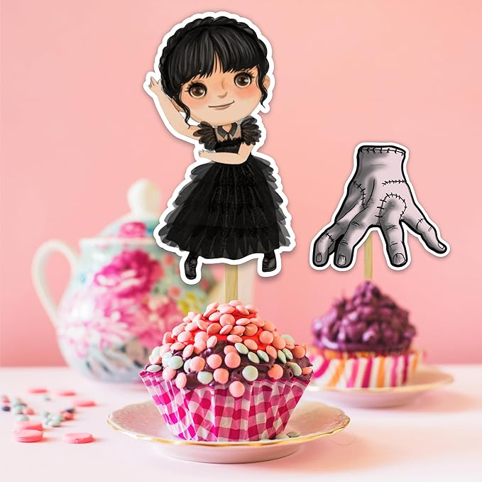Wednsday Cupcake Topper – Gothic Dark Theme Cupcake Topper for Birthday Celebrations and Themed Events, Stylish Character-Inspired Decorative Cake Topper for Dessert Tables and Party Displays