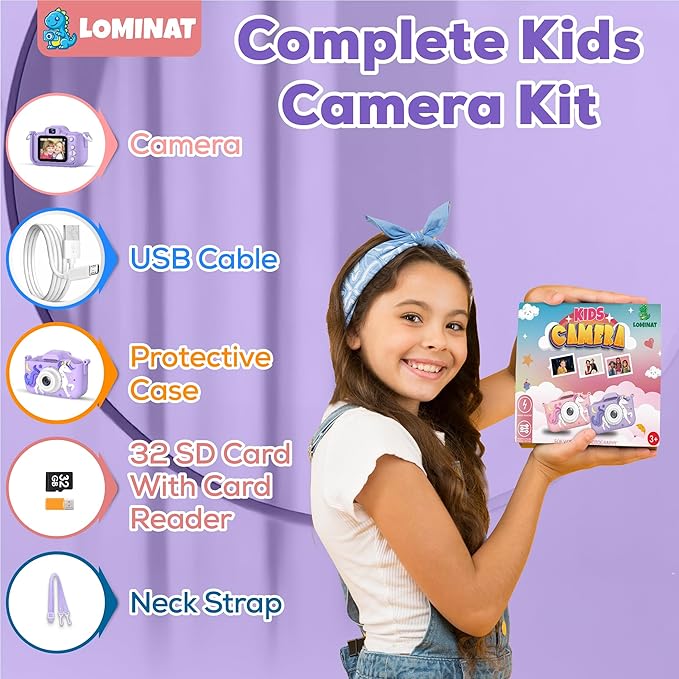 Unicorn Kids Camera for Girls Age 3-12, Selfie Camera for Girls 1080P HD Kids Video Camera – Christmas Birthday Gift for 3 4 5 6 7 8 Year Old Toy Digital Camera for Toddlers with 32GB SD Card – Purple