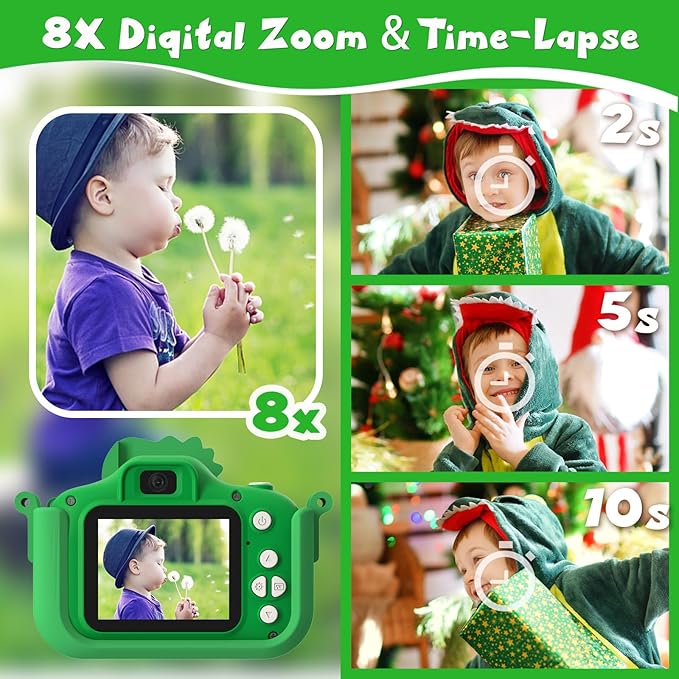 Dinosaur Kids Camera, HD Selfie Toddler Camera, Christmas Birthday Toys for Boys Girls Age 3-12 Years, Kid Digital Camera with 32GB Card, Dinosaur Toys for Kids 3 4 5 6 7 8 Years Old Gifts(Green)